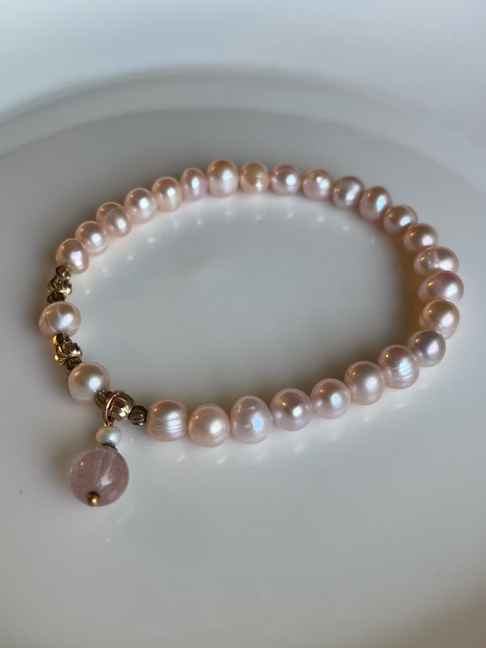 Delicate Pink Pearl Stretch Bracelet with Pink Crystal and Gold Accents